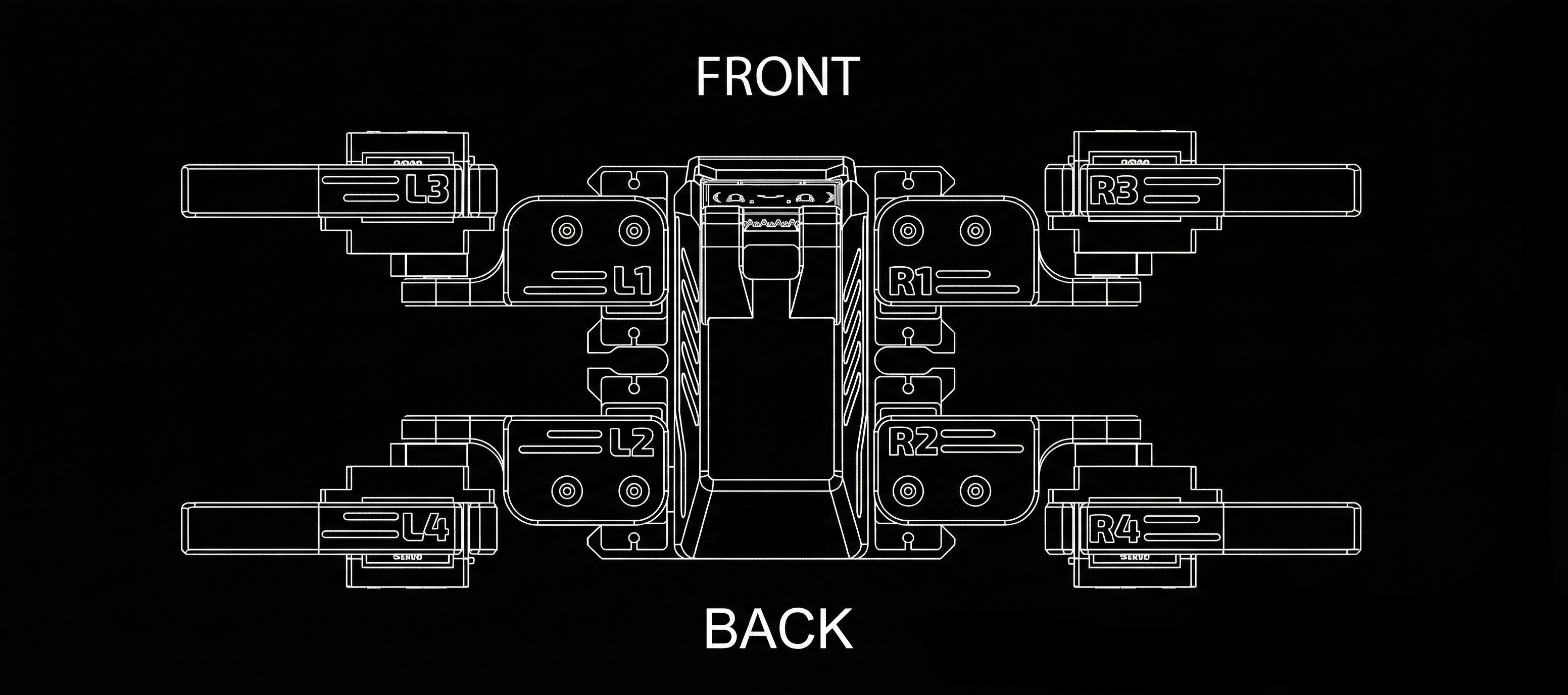 Top-down view of Atlas Pup showing the chassis and leg layout